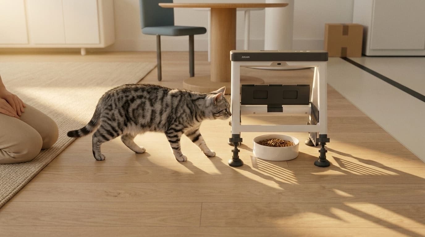 The enrolled tabby reaches the open Aiwan shield, lid folded out of the way.